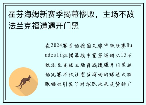 霍芬海姆新赛季揭幕惨败，主场不敌法兰克福遭遇开门黑