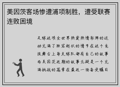 美因茨客场惨遭浦项制胜，遭受联赛连败困境
