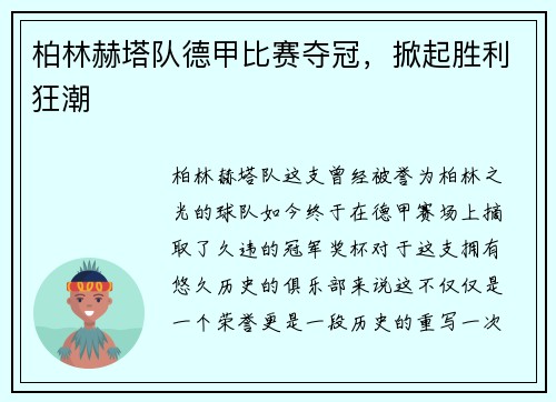 柏林赫塔队德甲比赛夺冠，掀起胜利狂潮