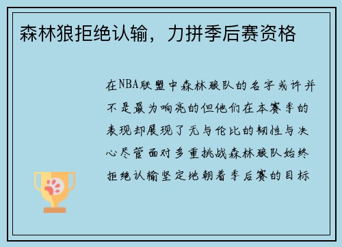森林狼拒绝认输，力拼季后赛资格