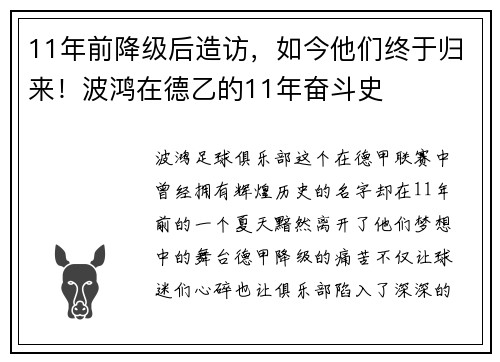 11年前降级后造访，如今他们终于归来！波鸿在德乙的11年奋斗史