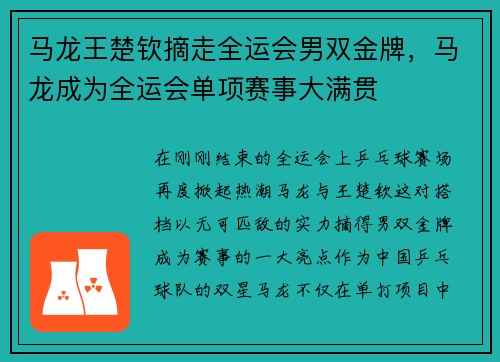 马龙王楚钦摘走全运会男双金牌，马龙成为全运会单项赛事大满贯