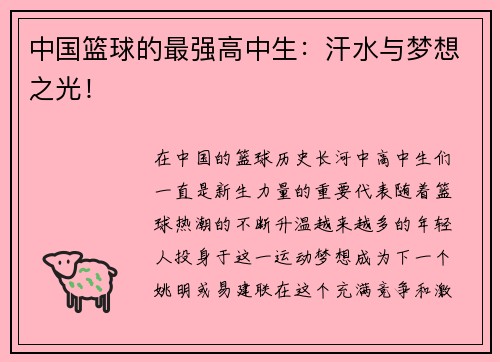 中国篮球的最强高中生：汗水与梦想之光！