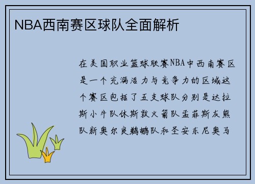 NBA西南赛区球队全面解析