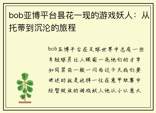 bob亚博平台昙花一现的游戏妖人：从托蒂到沉沦的旅程