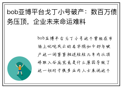bob亚博平台戈丁小号破产：数百万债务压顶，企业未来命运难料