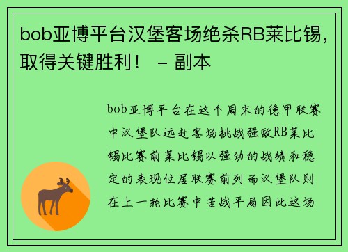 bob亚博平台汉堡客场绝杀RB莱比锡，取得关键胜利！ - 副本
