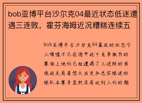 bob亚博平台沙尔克04最近状态低迷遭遇三连败，霍芬海姆近况糟糕连续五场不胜 - 副本