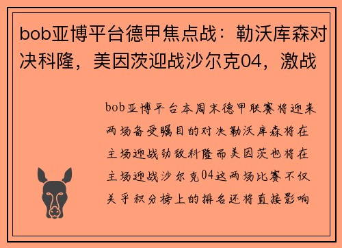 bob亚博平台德甲焦点战：勒沃库森对决科隆，美因茨迎战沙尔克04，激战一触即发 - 副本