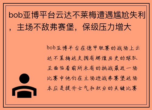 bob亚博平台云达不莱梅遭遇尴尬失利，主场不敌弗赛堡，保级压力增大