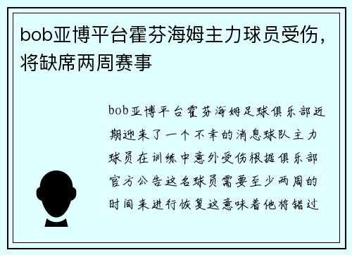 bob亚博平台霍芬海姆主力球员受伤，将缺席两周赛事