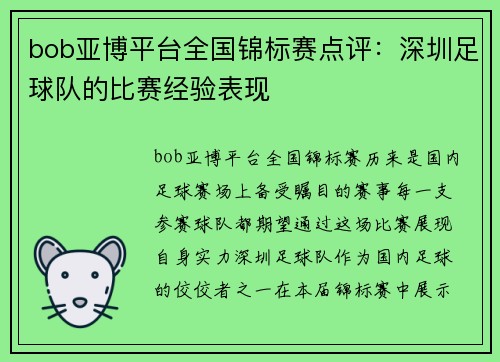 bob亚博平台全国锦标赛点评：深圳足球队的比赛经验表现