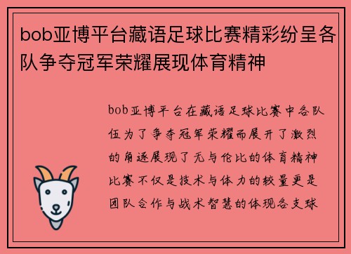 bob亚博平台藏语足球比赛精彩纷呈各队争夺冠军荣耀展现体育精神